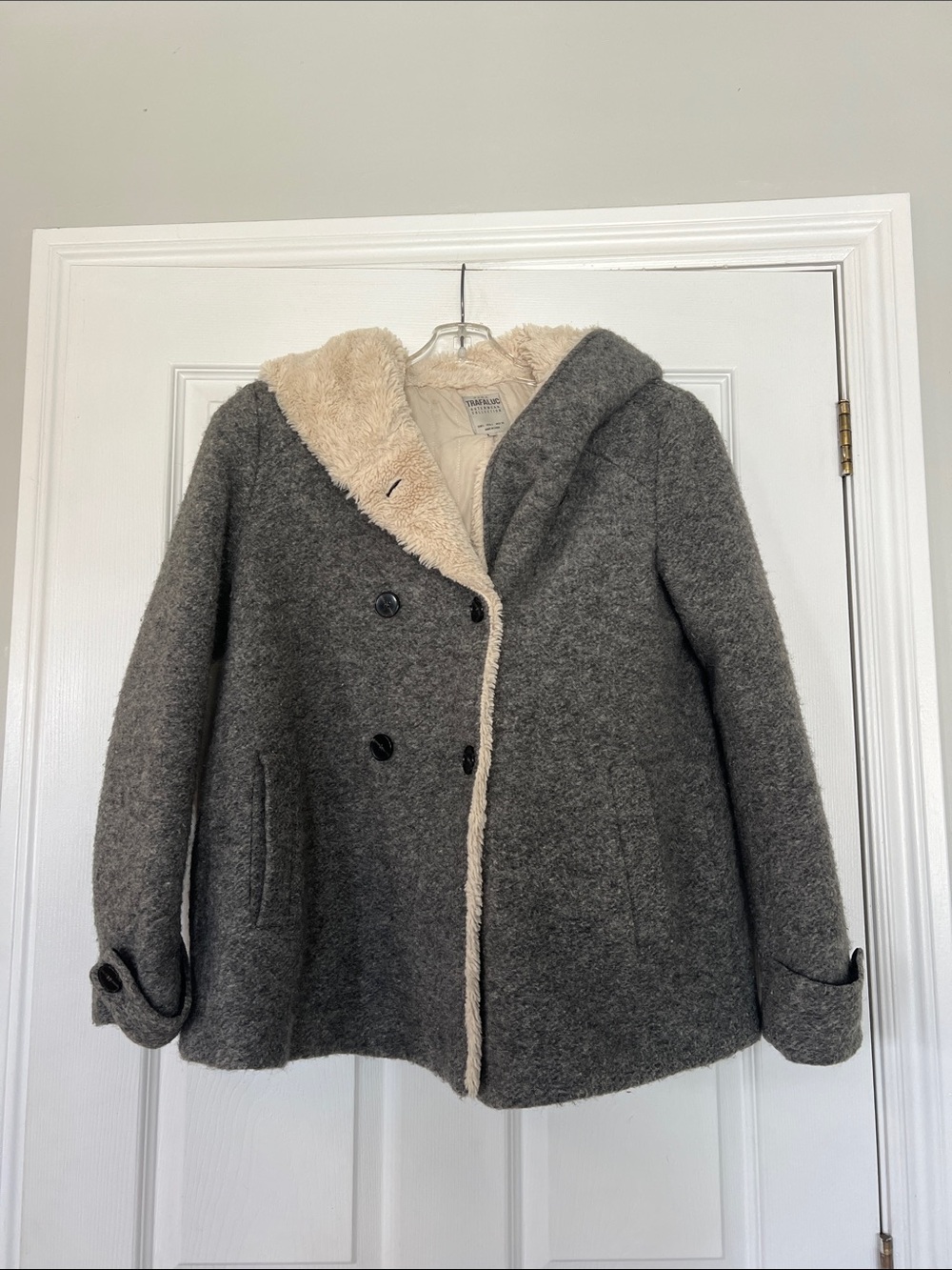 Zara Gray Pea Coat with Cream Faux-Shearling Hood Trim